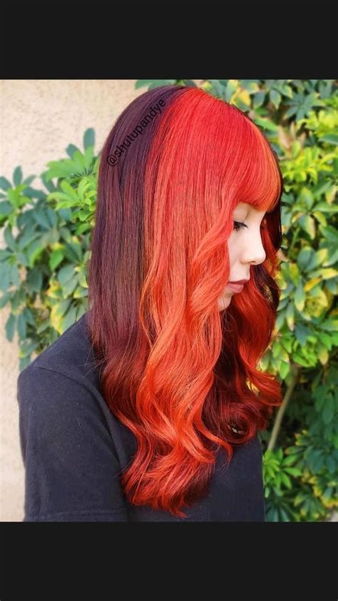 red orange color blocking hair neon hair pink  orange hair split dyed hair