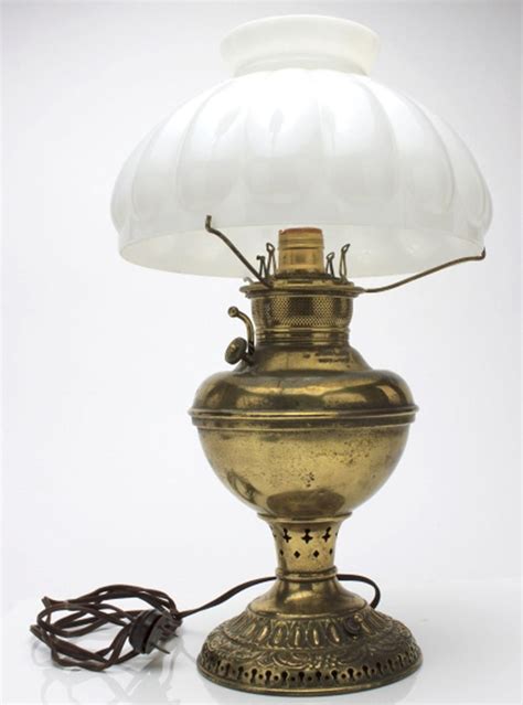 Sold Price Converted Antique Brass Oil Lamp Milk Glass Shade