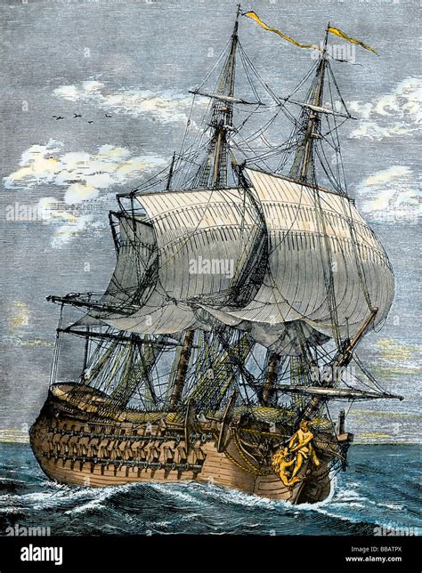 armed french frigate    century hand colored woodcut stock