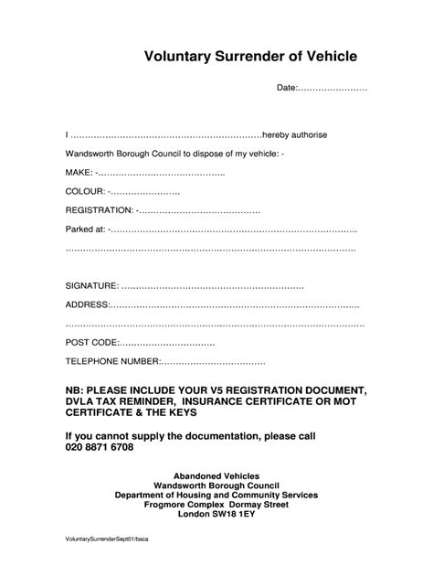 voluntary surrender  vehicle form fill  sign printable template