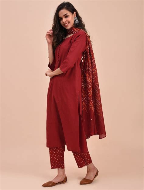 buy deep red bandhani cotton kurta  pants  dupatta set     jayporecom