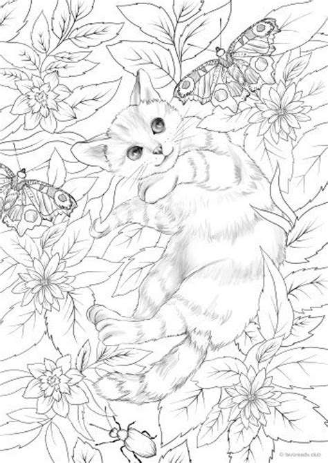 gatto tra  fiori pagina da colorare stampabile  adulti etsy