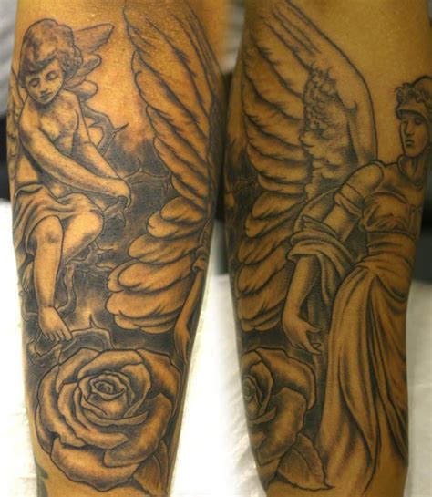 Cherub On Rose And Angel Both Leg Tattoo Tattooimages
