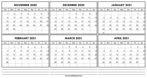 Printable Calendar November 2020 To April 2021 Six Month