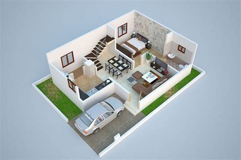 3D Ground Floor Plan Design of Duplex (1280 Sq. Ft