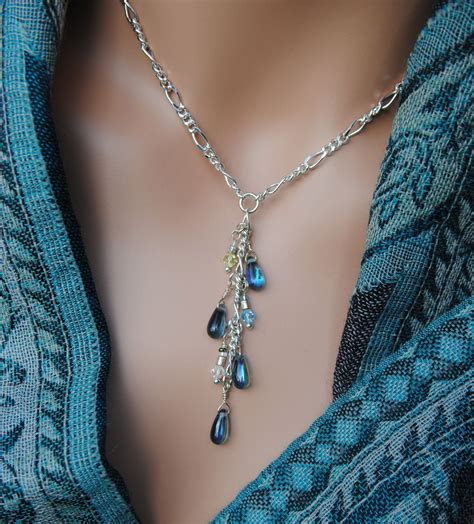 swarovski crystal  glass teardrop bead waterfall dangle necklace wow   etsy