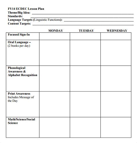 sample preschool lesson plan templates  google docs ms
