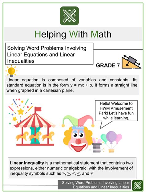 solving word problems involving linear equations math worksheets