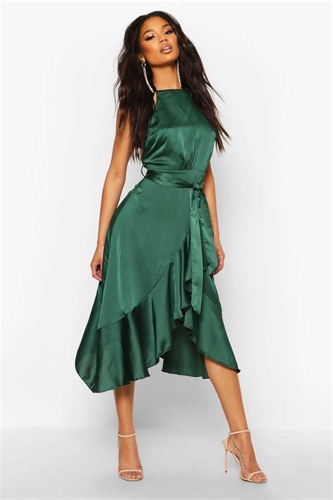 Satin Frill Wrap Midi Dress Boohoo In 2020 Green Satin Dress