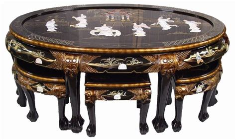 oriental black lacquer oval coffee table   stools