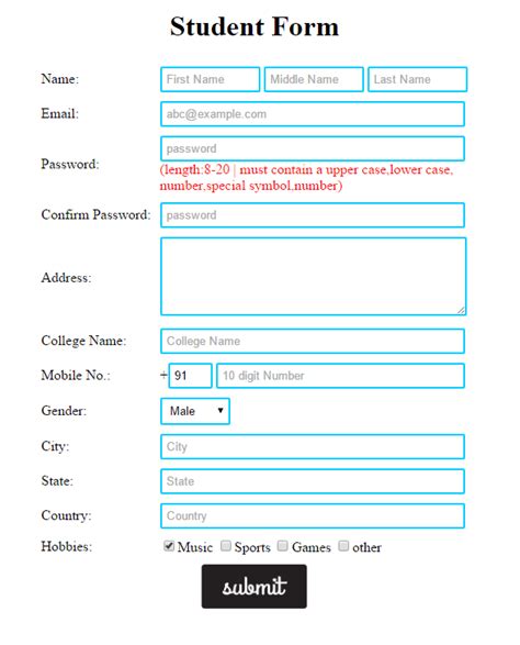 html student registration form  css gtu practicals