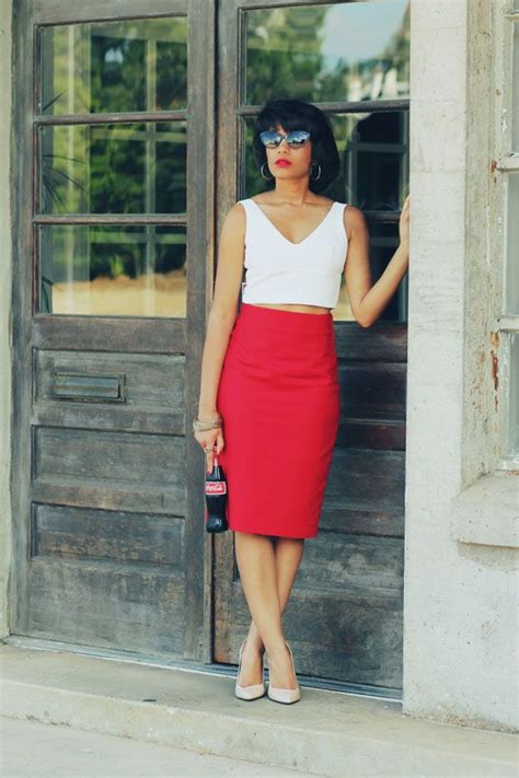 Crop Top And High Waist Pencil Skirt Red White And Nude