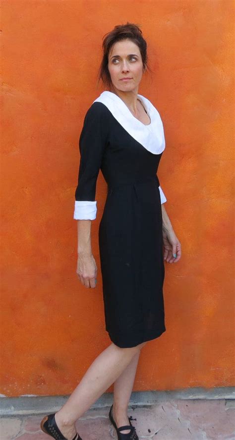 Vintage 1950s 1960s Tailored Black Wiggle Dress With White