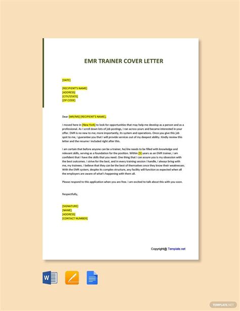 emr trainer cover letter  word google docs pages