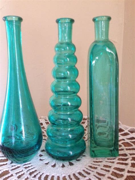 Vintage Set Of 3 Matching Green Glass Vases Etsy Green Glass Vase