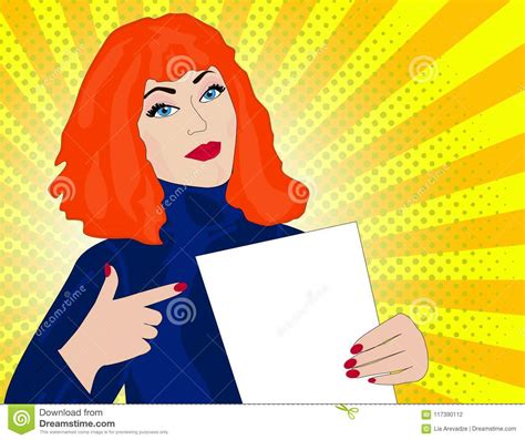 pop art woman points to a blank template retro illustration stock
