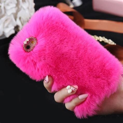 hot pink fluffy villi fur plush wool bling case cover skin  iphone