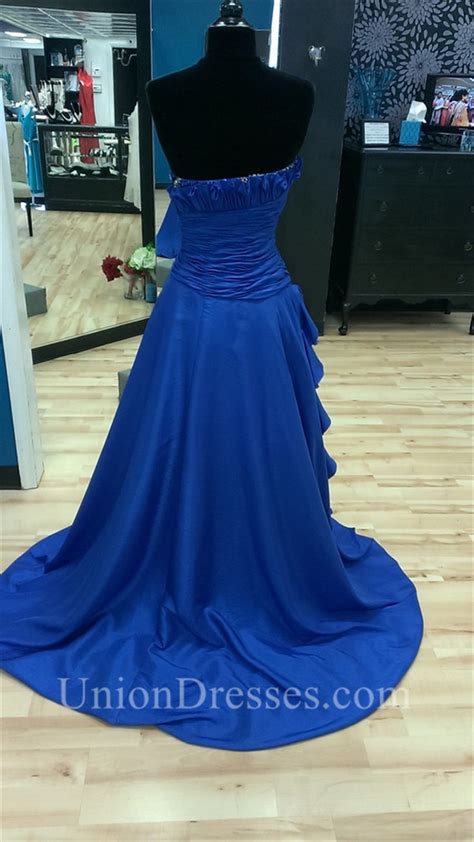 Classic Strapless High Low Royal Blue Taffeta Beaded Prom Dress