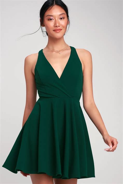 whirl dark green twist  skater dress green homecoming dresses short green dress