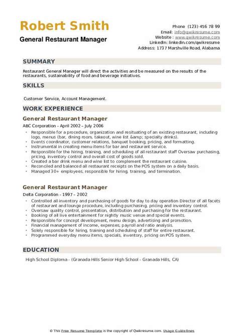 general restaurant manager resume samples qwikresume