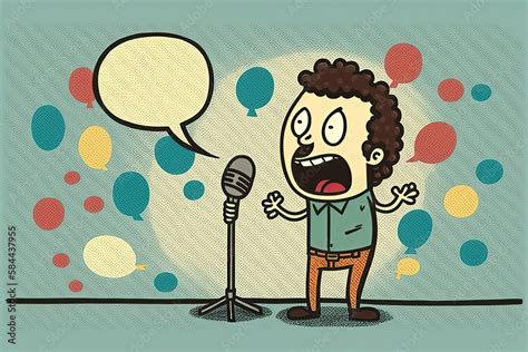 an illustration of a stand up comedian on stage with cartoon speech