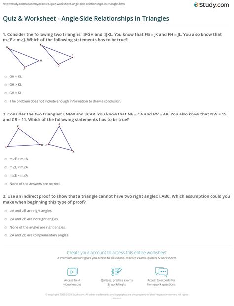 Quiz And Worksheet Angle Side Relationships In Triangles