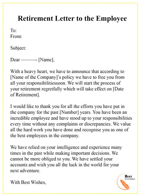 retirement letter template format sample