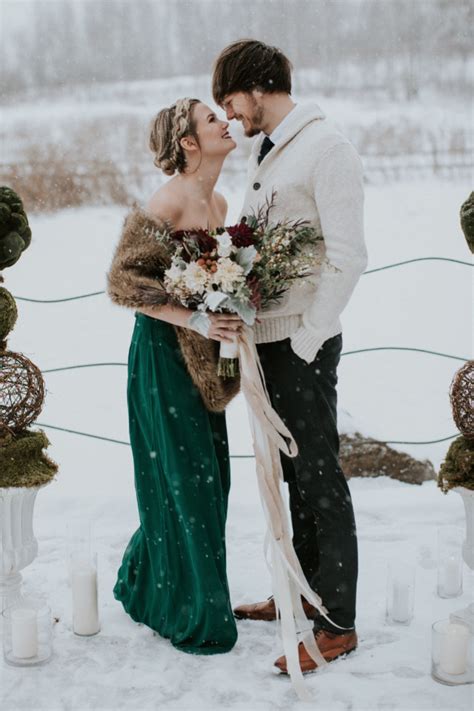 Picture Of Strapless Emerald Wedding Dress With A Brown Faux Fur Wrap