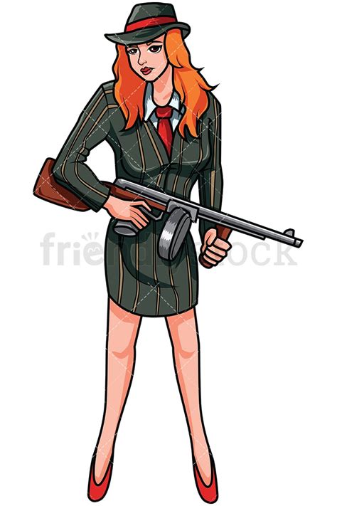russian female mobster with machine gun vector cartoon clipart