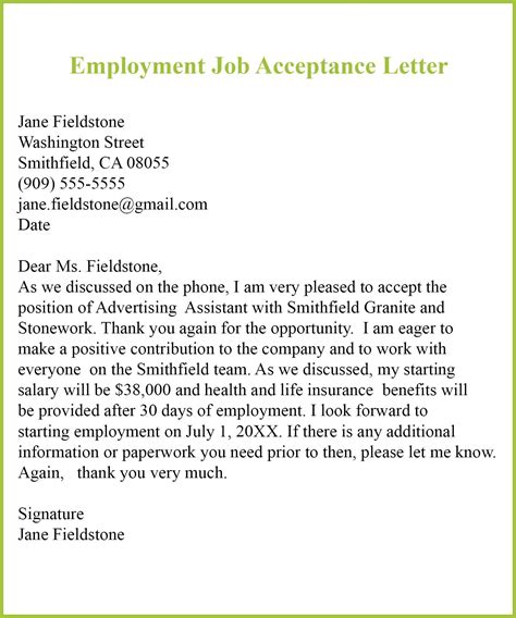 job acceptance letter template examples samples top letter