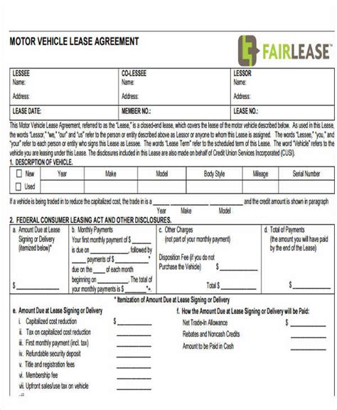 printable car lease agreement template