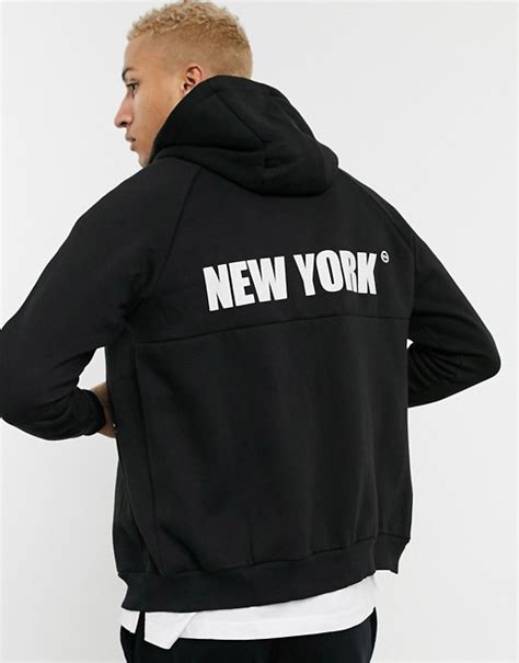 bershka zip  hoodie   york  print  black asos