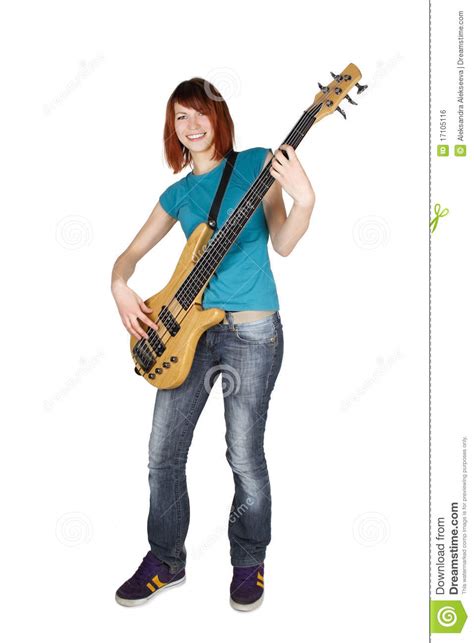 Redhead Girl Playing Bass Guitar And Smiling Royalty Free