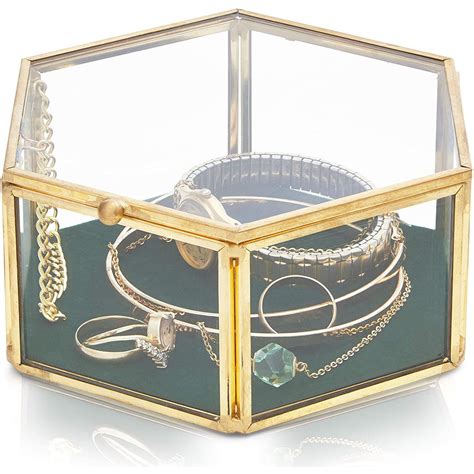 juvale golden vintage hexagon velvet glass lidded jewelry box display case organizer