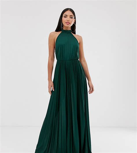asos design tall geplooide lange jurk met halternek groen tall fashion