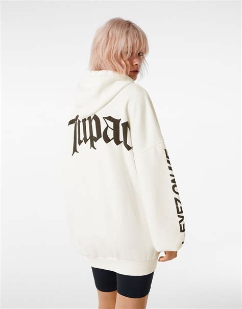 tupac print hoodie  white bershka