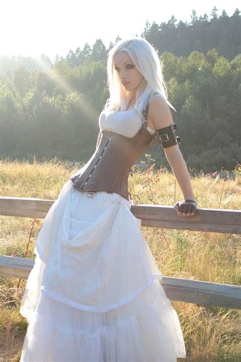white steampunk dress with brown leather underbust corset