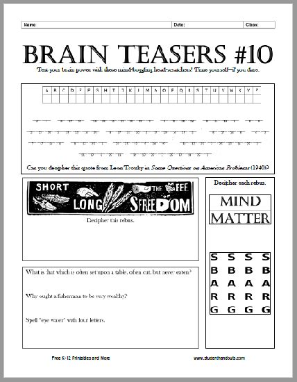 brain teasers worksheet   student handouts