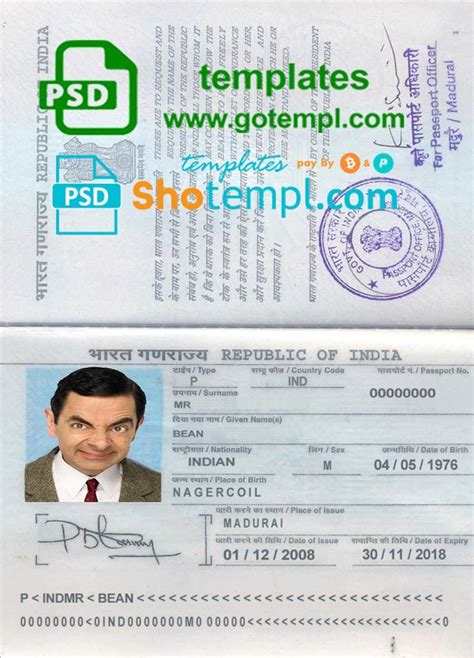 india passport template in psd format fully editable with all fonts