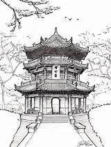 Chinese Drawings Pagoda Buildings sketch template