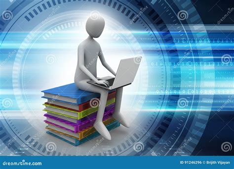 man sitting  top  books   laptop stock illustration