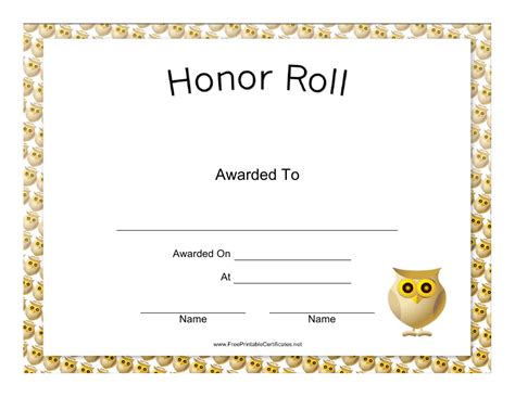 honor roll certificate template owls  printable