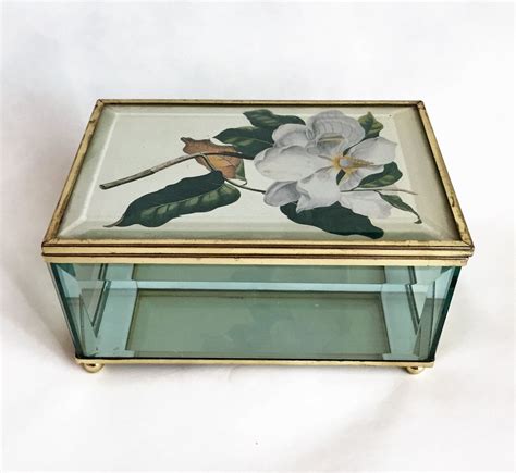Vintage Glass Jewelry Box Floral Glass Hinged Jewelry Box Footed Glass