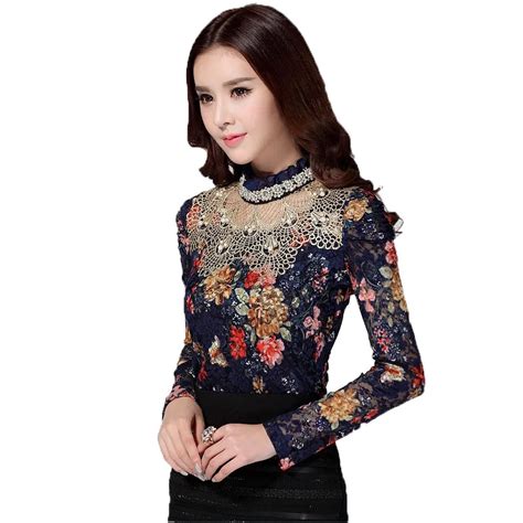women fall   fashion floral blouse xl long sleeve lace crochet beaded blouses designer