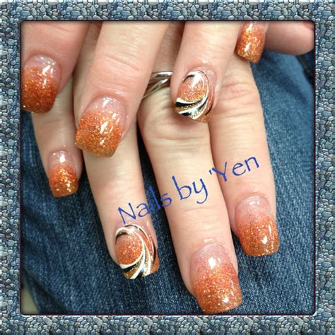 Golden Orange And Brown Fade Ombre With Nail Design Great For Fall