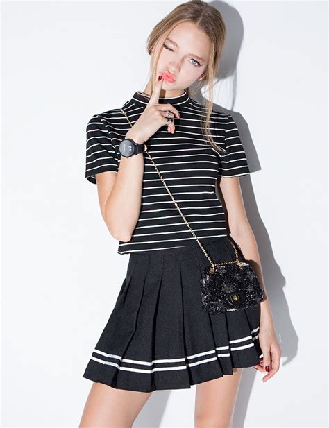 pixie market black varsity stripe pleated tennis skirt in
