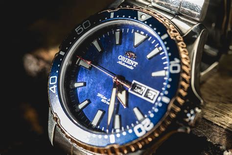 orient kamasu gold accents  blue snowflake dial rwatches