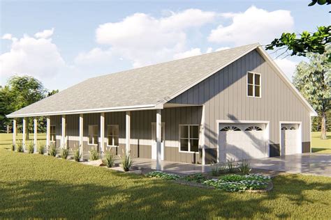 cozy pole barn home  full length porch loft  car garage hq plans  concept metal
