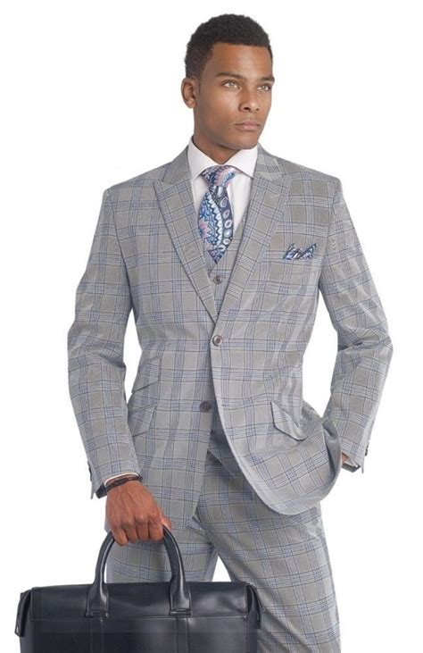 modern slim fit plaid blue grey 3 piece men suit m18010 ej samuel big l 54 56 mens suit for