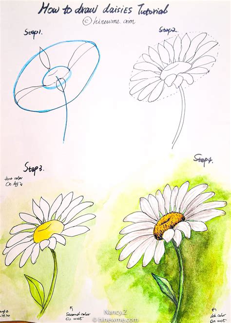 draw  watercolor daisy flower tutorial step  step easy  beginner lukisan bunga